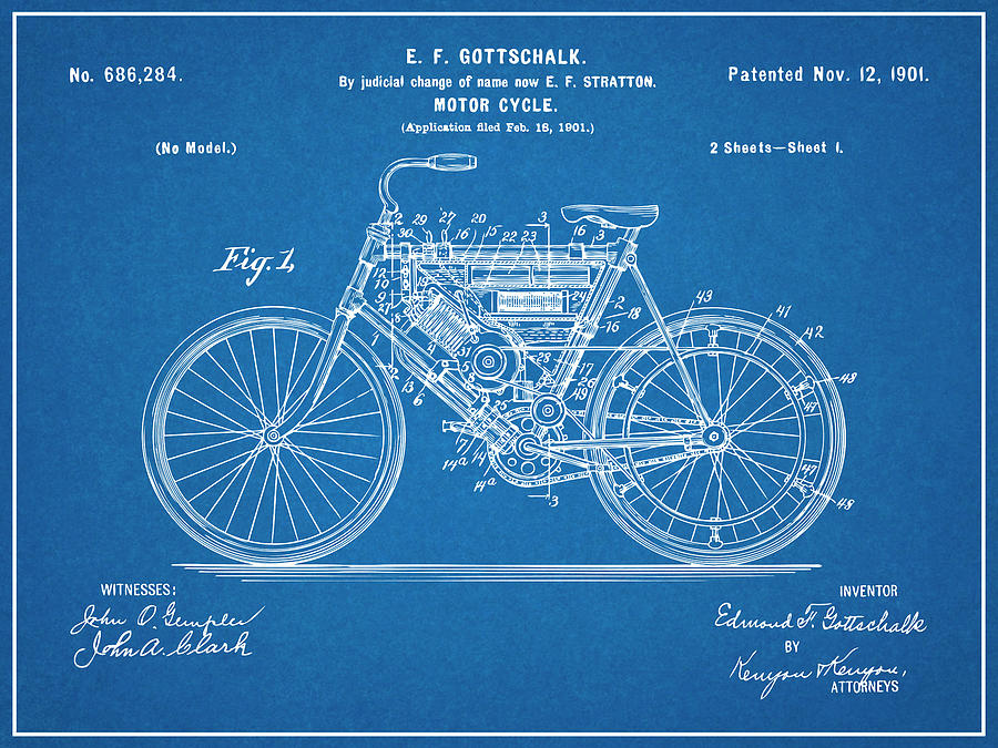 1901 Stratton Motorcycle Blueprint Patent Print Glass Art by Greg Edwards