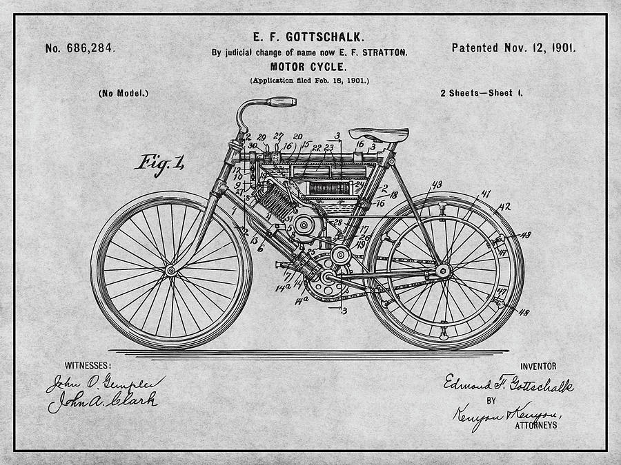 1901 Stratton Motorcycle Gray Patent Print Drawing by Greg Edwards