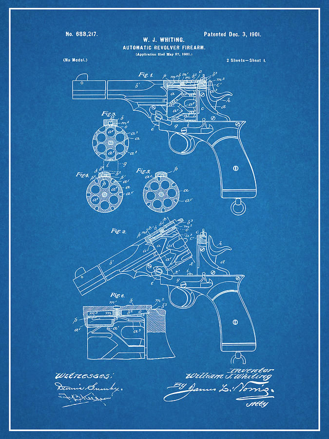 1901 Whiting Automatic Revolver Firearm Blueprint Patent Print Drawing ...