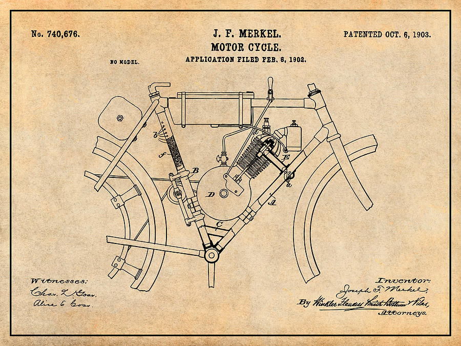 1902 Merkel Motorcycle Antique Paper Patent Print Drawing by Greg Edwards