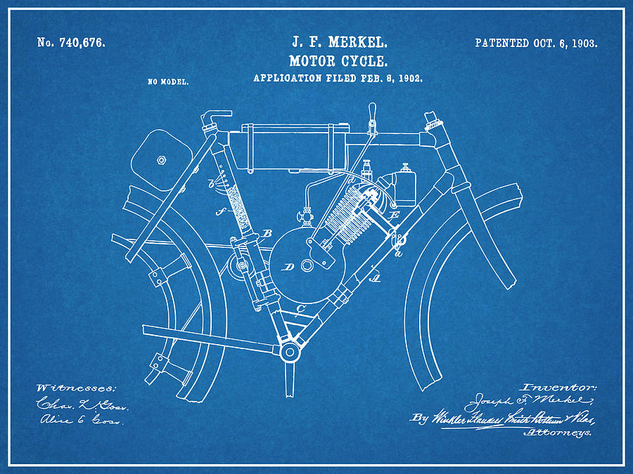 1902 Merkel Motorcycle Blueprint Patent Print Drawing by Greg Edwards