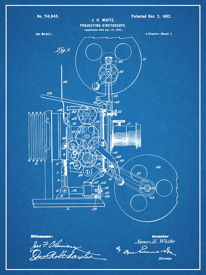 1902 Projecting Kinetoscope Blueprint Patent Print Drawing by Greg Edwards