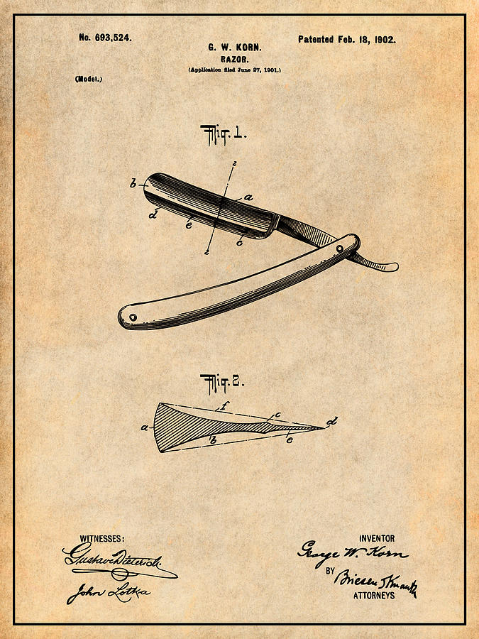 1902 Straight Razor Antique Paper Patent Print Drawing by Greg Edwards