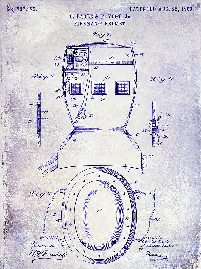 1903 Firemans Helmet Patent Blueprint Photograph by Jon Neidert