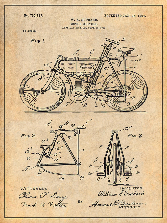 1903 Studdard Motor Bicycle Antique Paper Patent Print Photograph by Greg Edwards