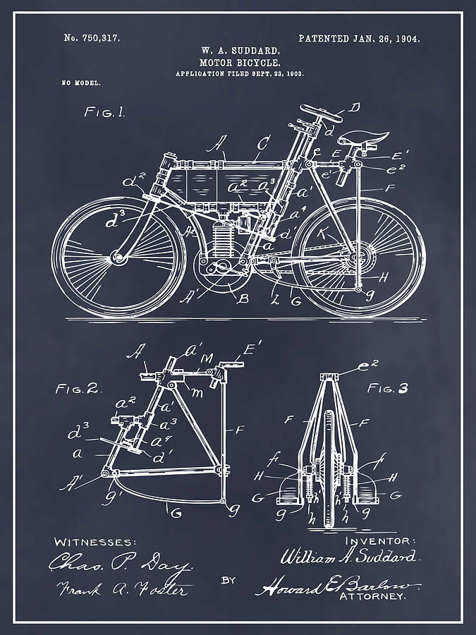 1903 Studdard Motor Bicycle Blackboard Patent Print Drawing by Greg Edwards