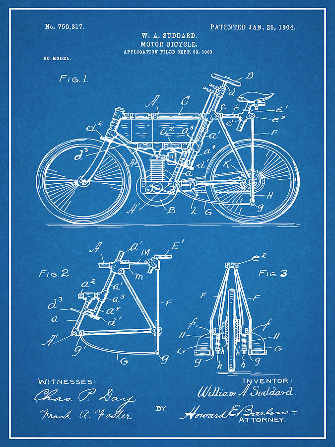 1903 Studdard Motor Bicycle Blueprint Patent Print Drawing by Greg Edwards