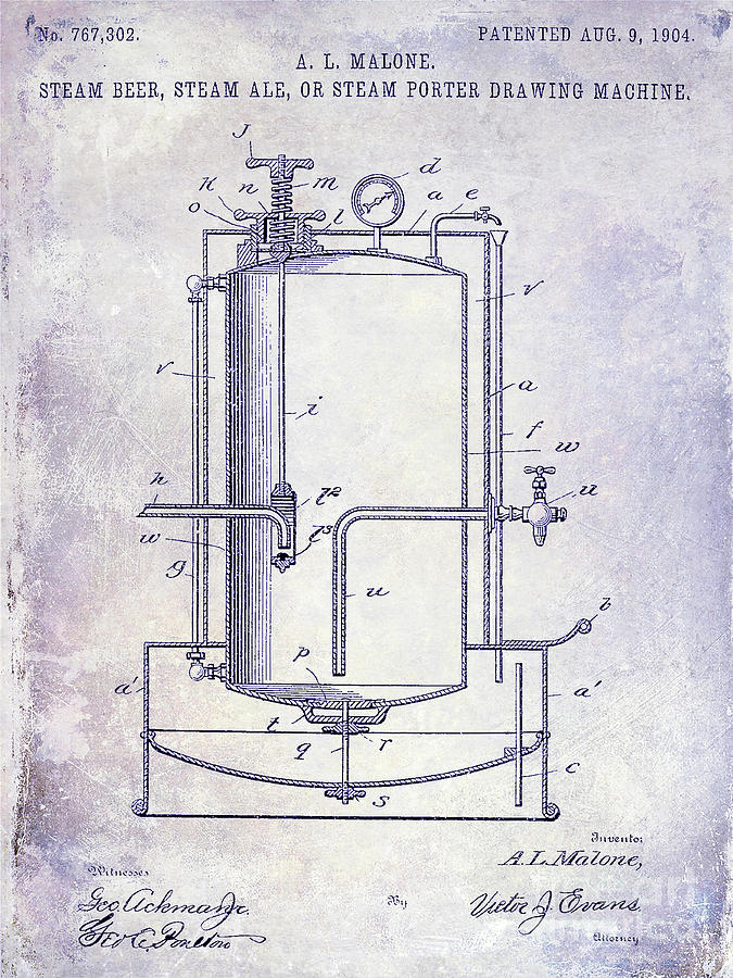 1904 Beer Drawing Machine Patent  Blueprint Photograph by Jon Neidert