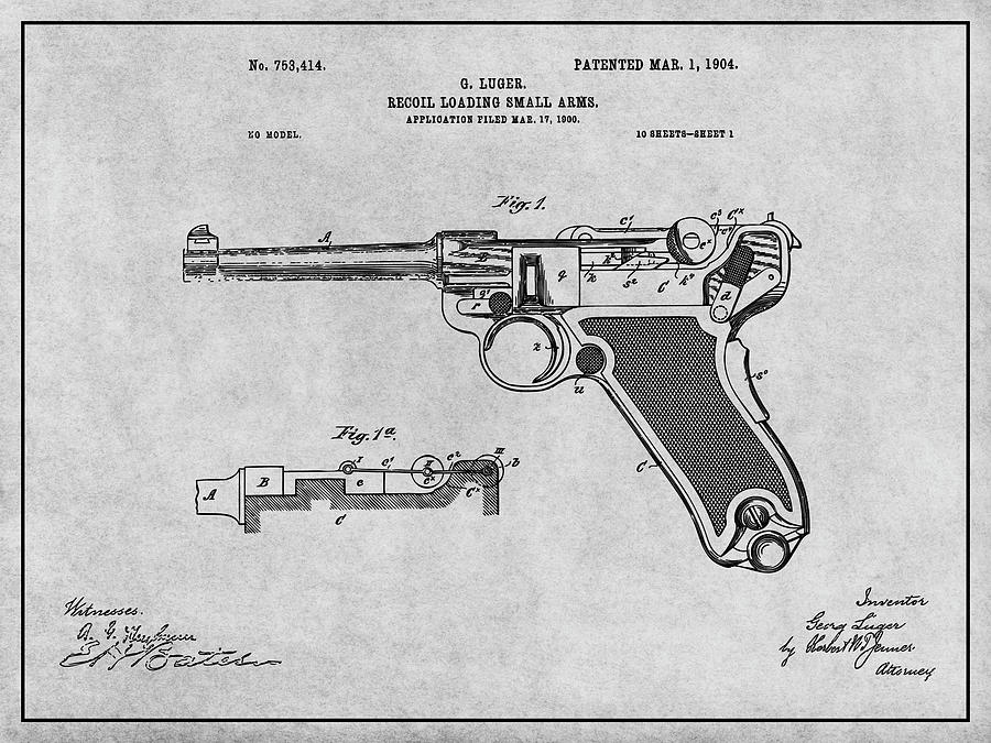 1904 Luger Pistol Gray Patent Print Drawing by Greg Edwards | Fine Art ...