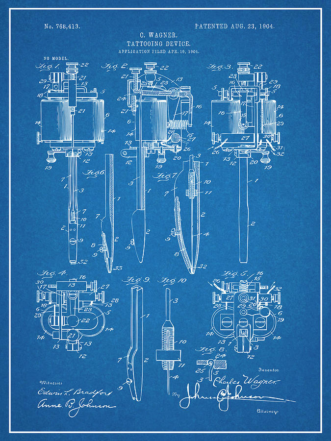 1904 Wagner Tattoo Machine Blueprint Patent Print Drawing by Greg Edwards