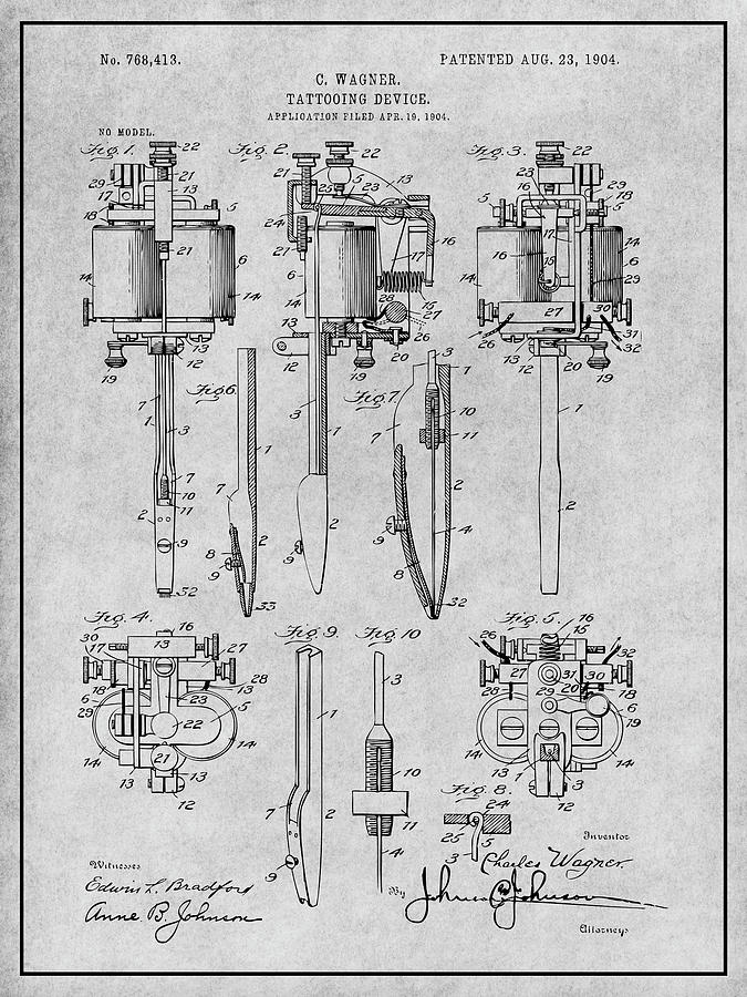1904 Wagner Tattoo Machine Gray Patent Print Drawing by Greg Edwards