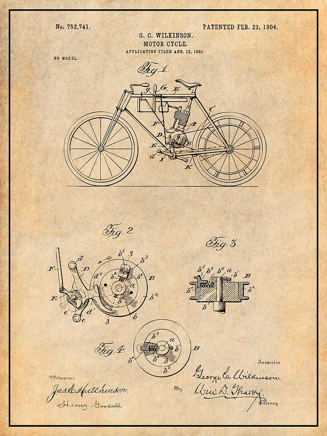 1904 Wilkinson Antique Motorcycle Patent Print Antique Paper Drawing by Greg Edwards