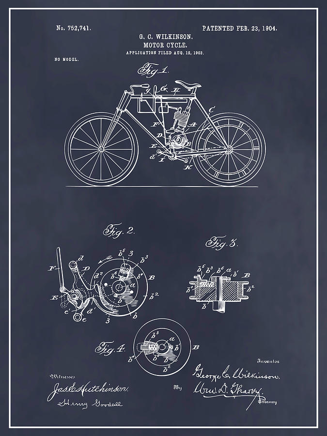 1904 Wilkinson Antique Motorcycle Patent Print Blackboard Drawing by Greg Edwards