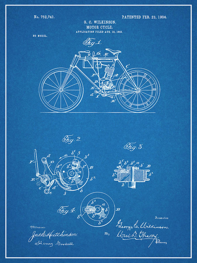 1904 Wilkinson Antique Motorcycle Patent Print Blueprint Drawing by Greg Edwards
