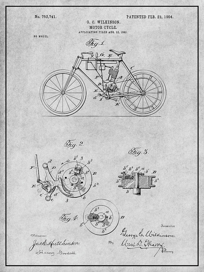 1904 Wilkinson Antique Motorcycle Patent Print Gray Drawing by Greg Edwards