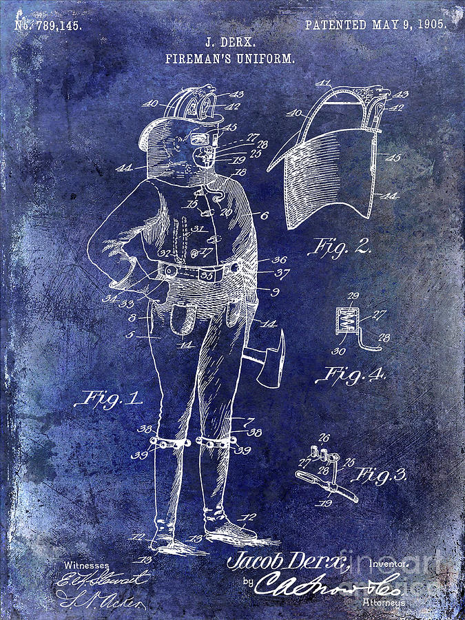 Fire Hydrant Photograph - 1905 Firemans Uniform Patent Blue by Jon Neidert