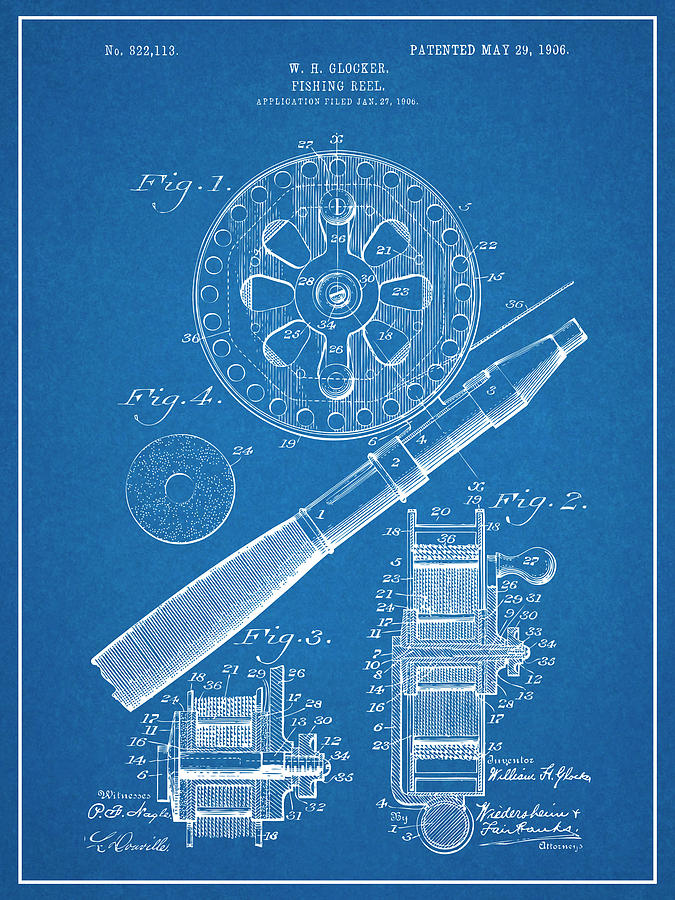 1906 Fly Fishing Reel Blueprint Patent Print Drawing by Greg Edwards