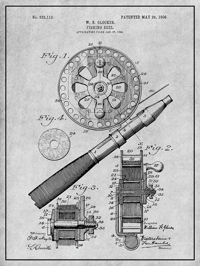1906 Fly Fishing Reel Gray Patent Print Drawing by Greg Edwards