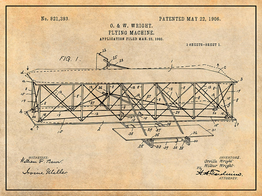 1906 Wright Brothers Flying Machine Patent Print Antique Paper Drawing by Greg Edwards