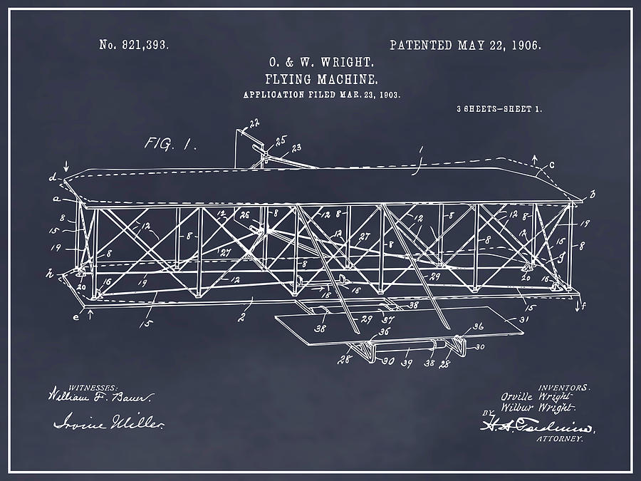 1906 Wright Brothers Flying Machine Patent Print Blackboard Drawing by Greg Edwards