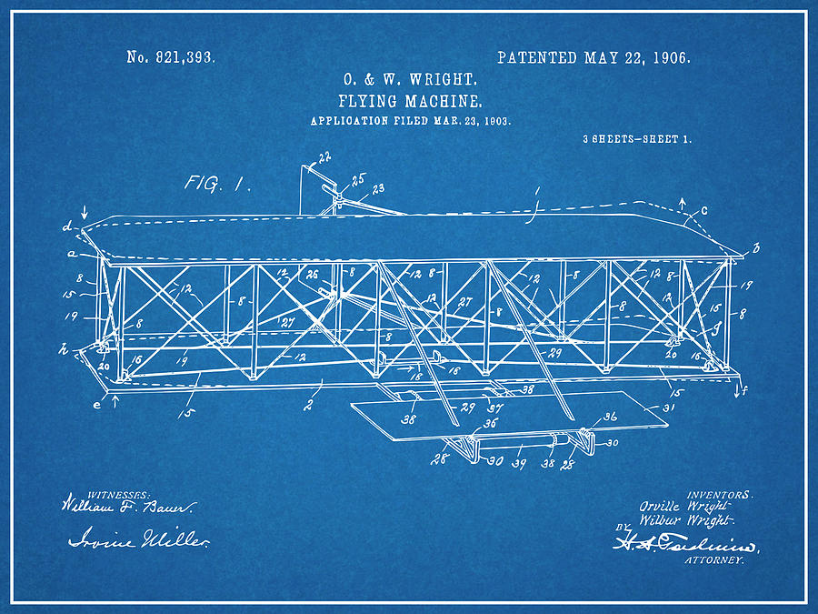 1906 Wright Brothers Flying Machine Patent Print Blueprint Drawing by Greg Edwards