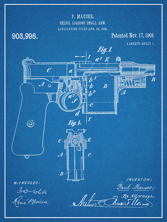 1908 Mauser Recoil Loading Pistol Blueprint Patent Print Drawing by ...