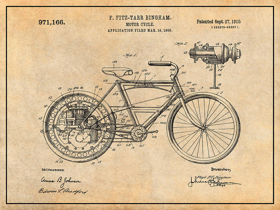 1908 Motor Wheel Motorcycle Patent Print Antique Paper Drawing by Greg Edwards