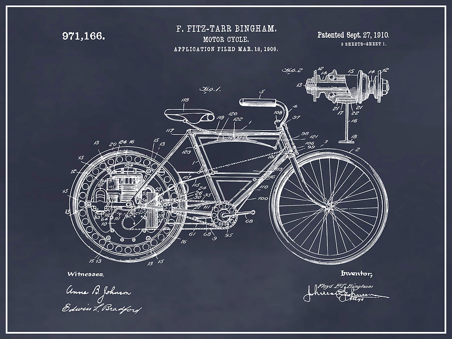 1908 Motor Wheel Motorcycle Patent Print Blackboard Drawing by Greg Edwards