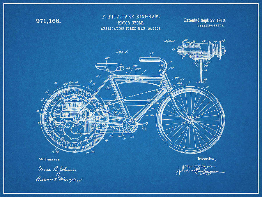 1908 Motor Wheel Motorcycle Patent Print Blueprint Drawing by Greg Edwards