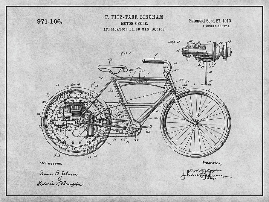 1908 Motor Wheel Motorcycle Patent Print Gray Drawing by Greg Edwards