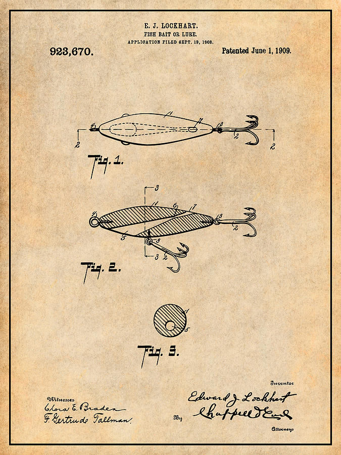 1909 Lockhart Antique Fishing Lure Antique Paper Patent Print by Greg  Edwards