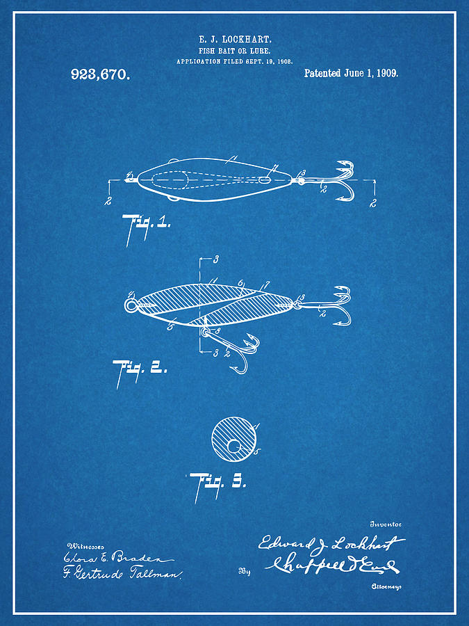 1909 Lockhart Antique Fishing Lure Blueprint Patent Print by Greg Edwards