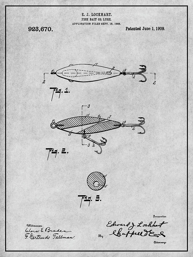1909 Lockhart Antique Fishing Lure Gray Patent Print Drawing by