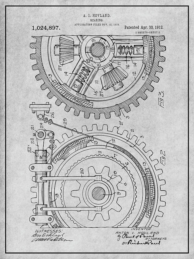 1910 Hovland Gear Gray Patent Print Drawing by Greg Edwards