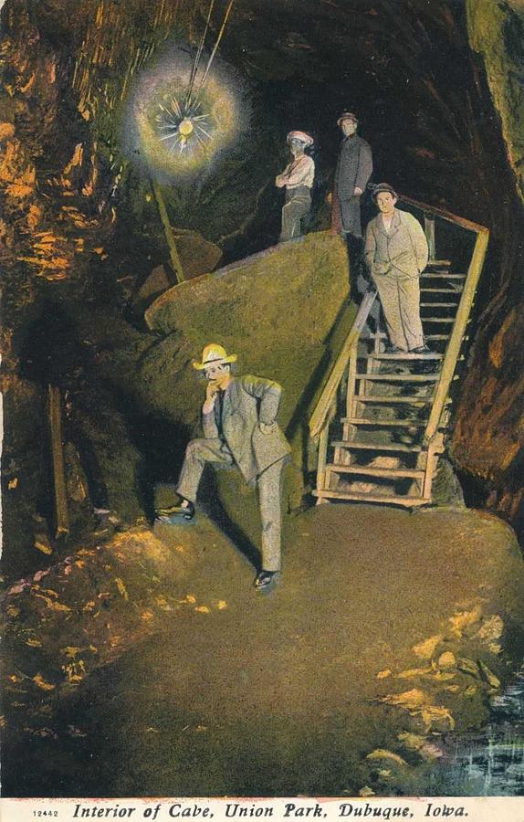 1910 Union Park Cave Interior, 4 Men, Dubuque, Iowa Hand Tinted Postcard Painting