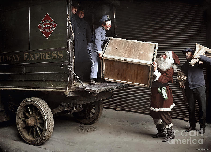 1910s Colorized Image Of Santa Unloading Delivery Truck Photograph by Retrographs