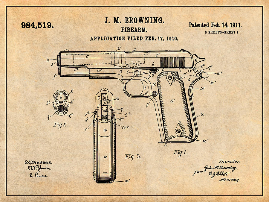 1911 Colt 45 Antique Paper Patent Print Drawing by Greg Edwards