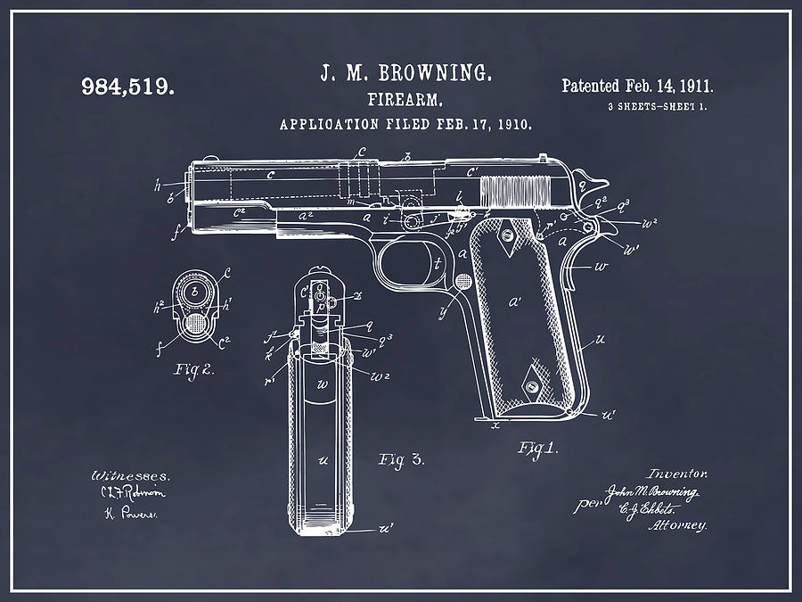 Colt 1911 Gun Patent Print Black 