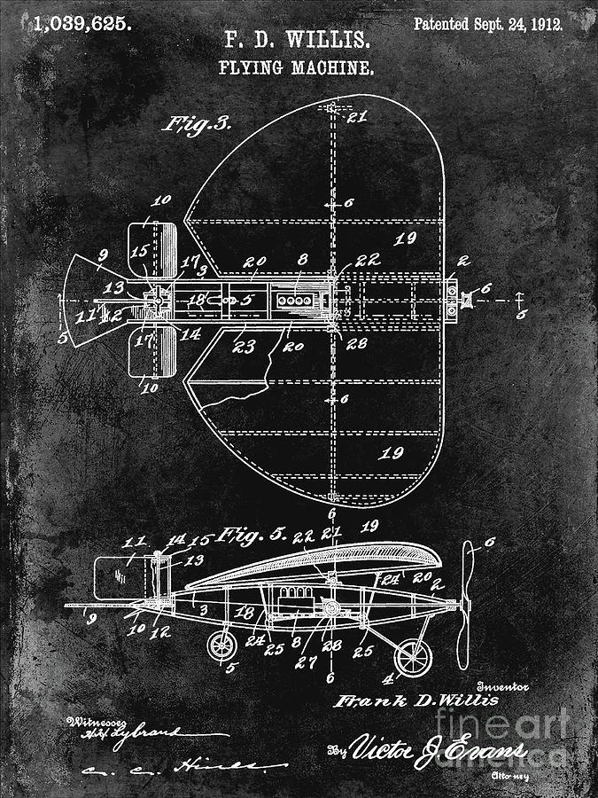1912 Flying Machine Patent Black Photograph by Jon Neidert