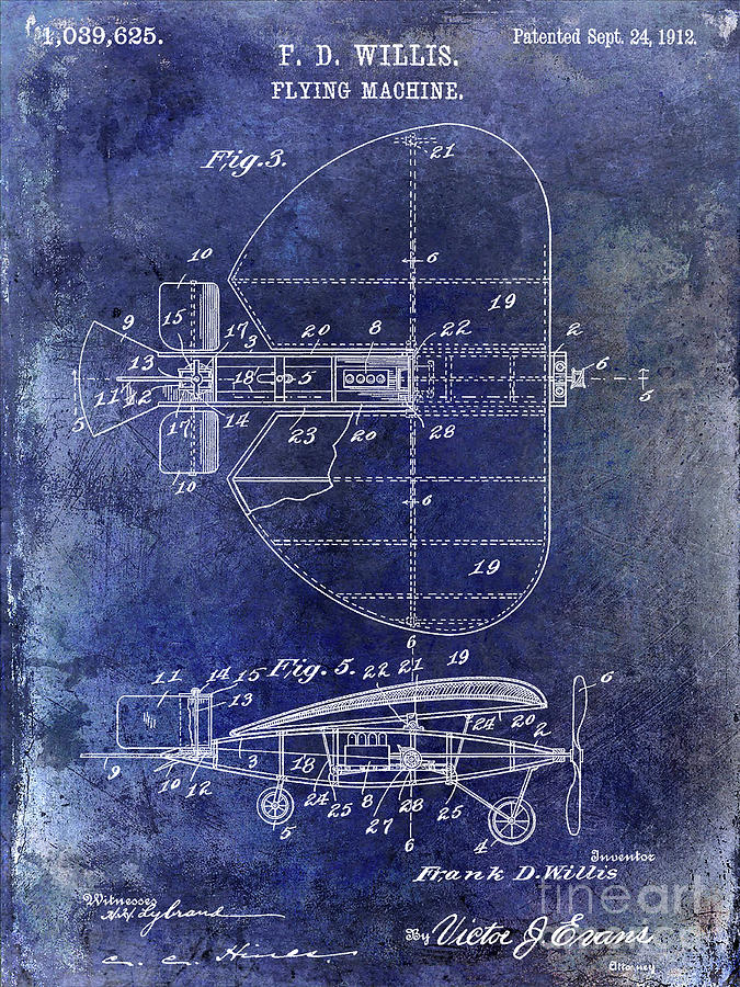 Airplane Photograph - 1912 Flying Machine Patent Blue by Jon Neidert