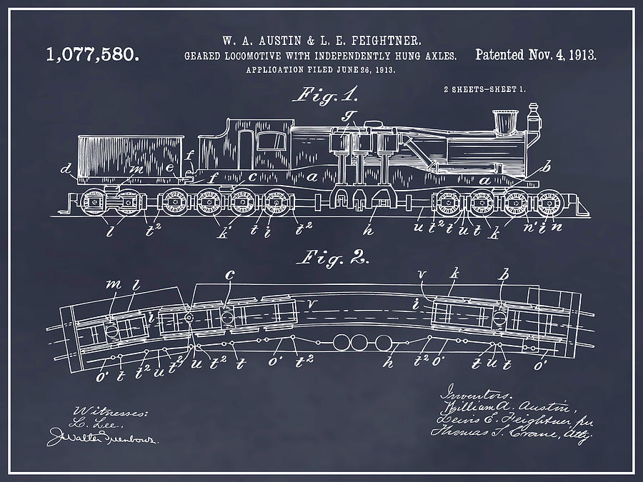 1913 Austin and Feightner Geared Locomotive Blackboard Drawing by Greg Edwards
