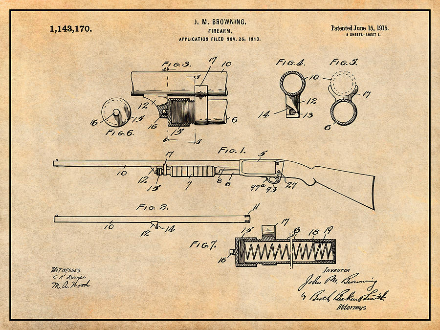 1913 Remington Model 17 Pump Shotgun Antique Paper Patent Print Drawing by Greg Edwards