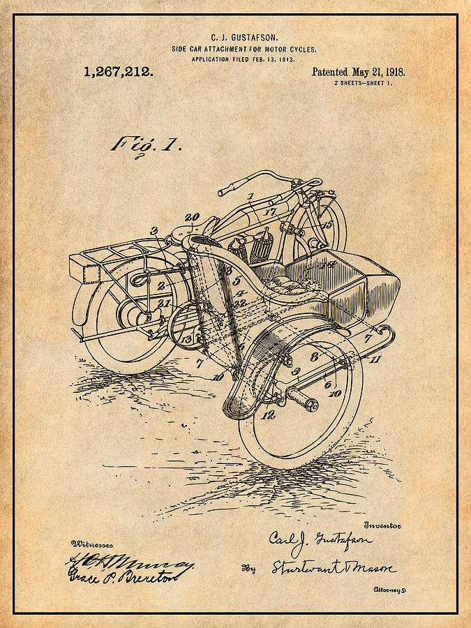1913 Side Car Attachment for Motorcycle Antique Paper Patent Print Drawing by Greg Edwards