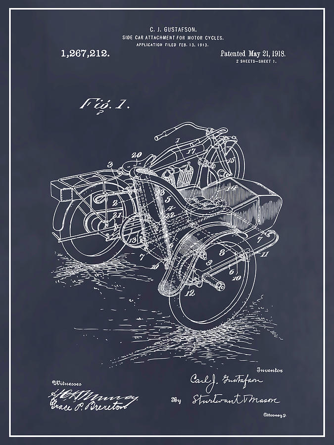 1913 Side Car Attachment for Motorcycle Blackboard Patent Print Drawing by Greg Edwards