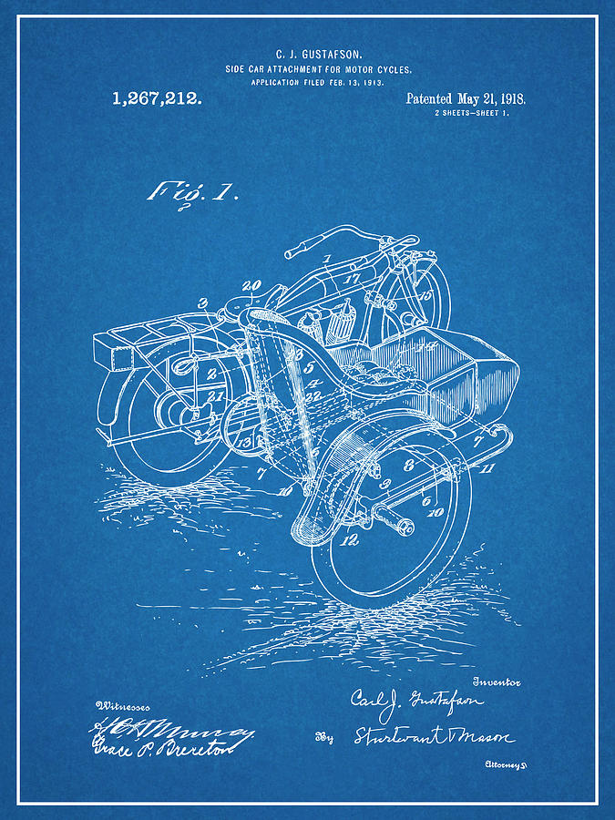 1913 Side Car Attachment for Motorcycle Blueprint Patent Print Drawing by Greg Edwards