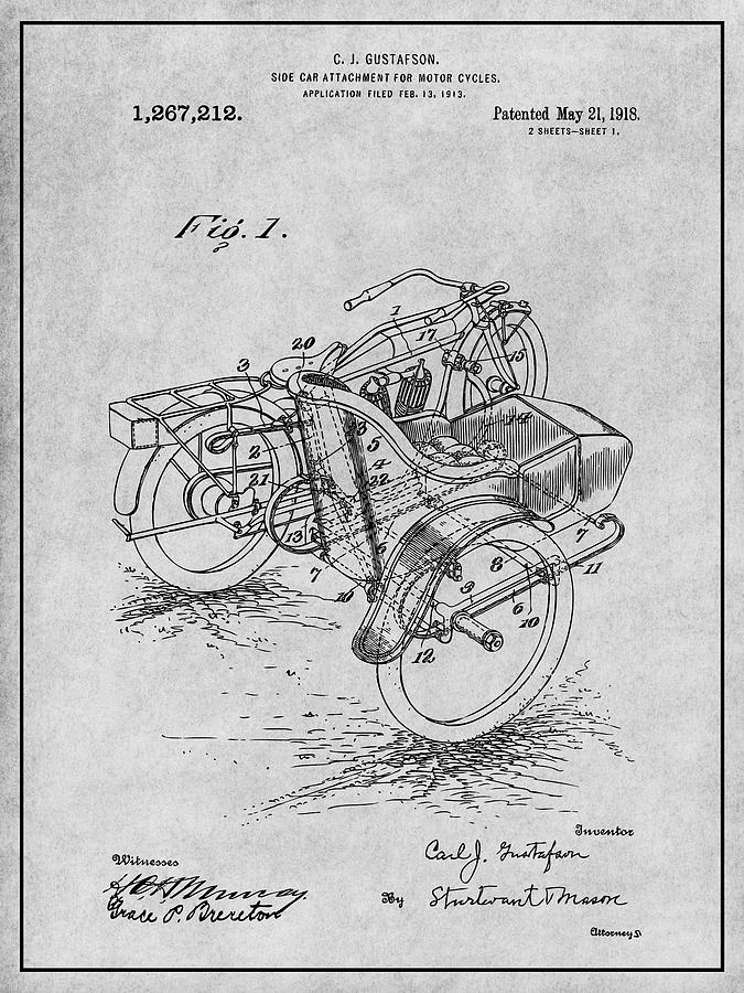 1913 Side Car Attachment for Motorcycle Gray Patent Print Drawing by Greg Edwards