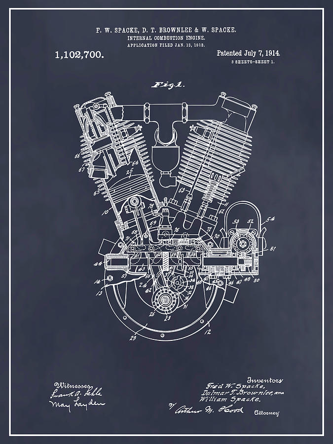 1914 Spacke V Twin Motorcycle Engine Blackboard Patent Print Drawing by Greg Edwards