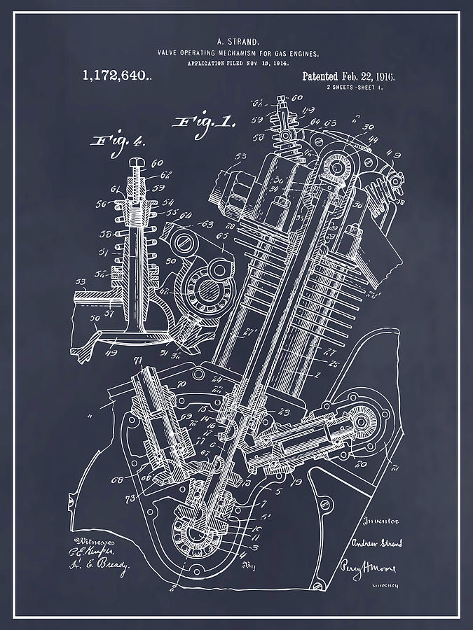 1914 Strand OHC Motorcycle Engine Blackboard Patent Print Drawing by Greg Edwards