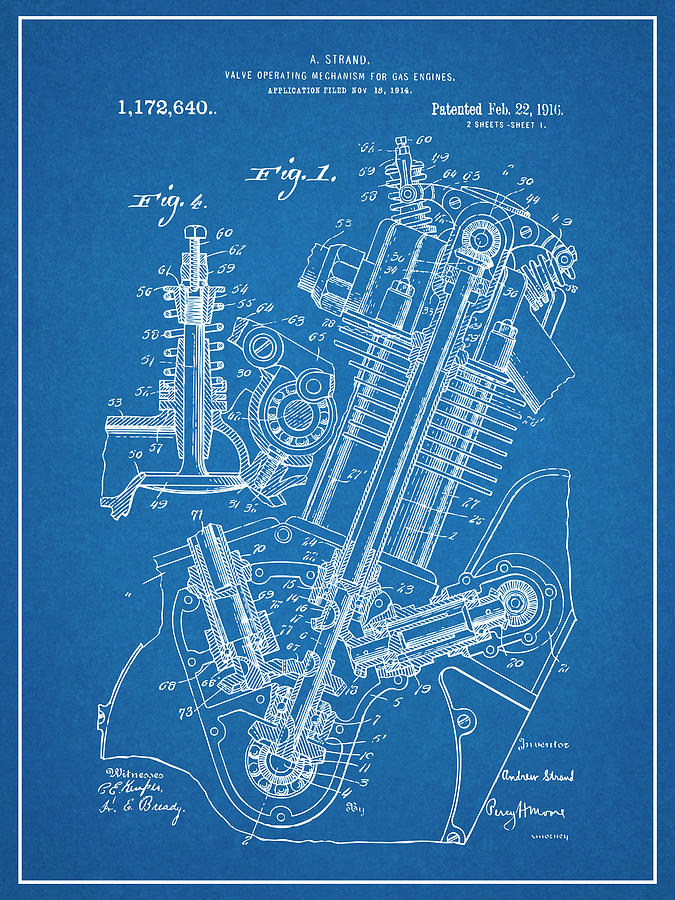 1914 Strand OHC Motorcycle Engine Blueprint Patent Print Drawing by Greg Edwards