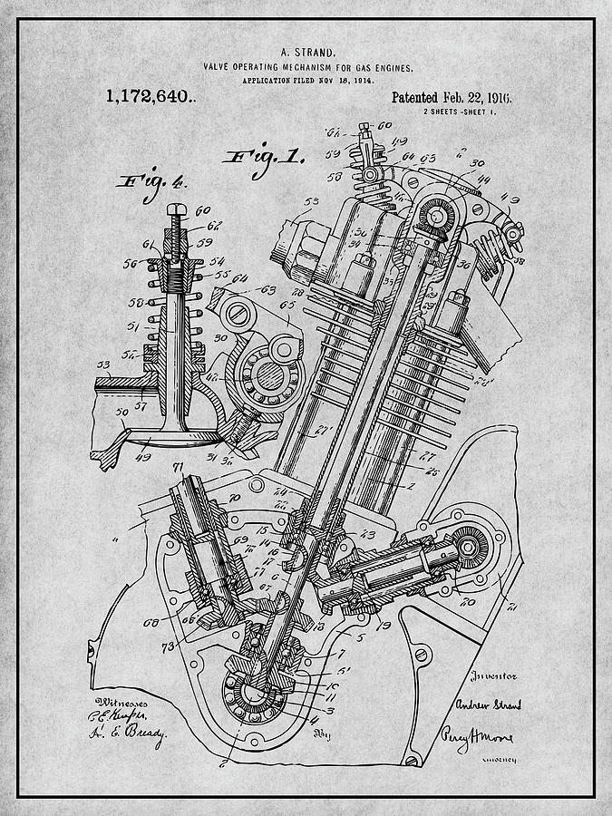 1914 Strand OHC Motorcycle Engine Gray Patent Print Drawing by Greg Edwards